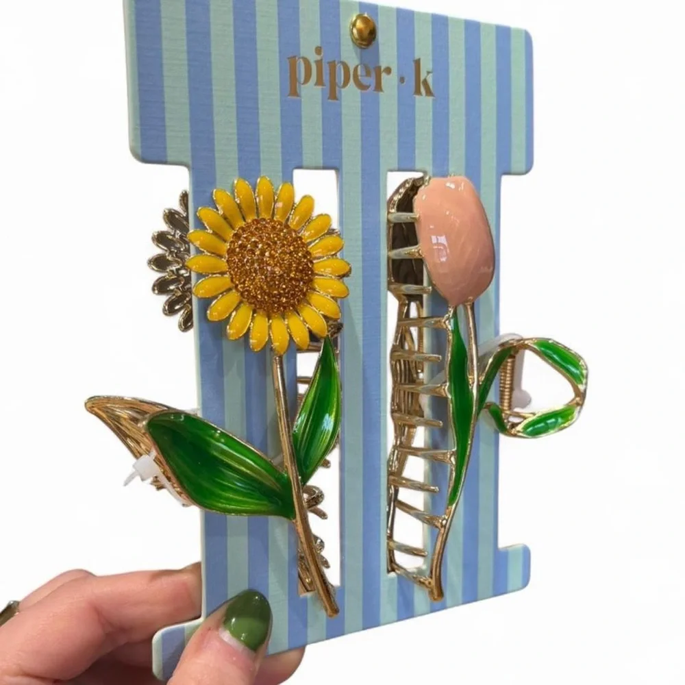 Piper K Floral Metal Hair Claw Clips Set of 2 Sunflower & Tulip NWT Gold